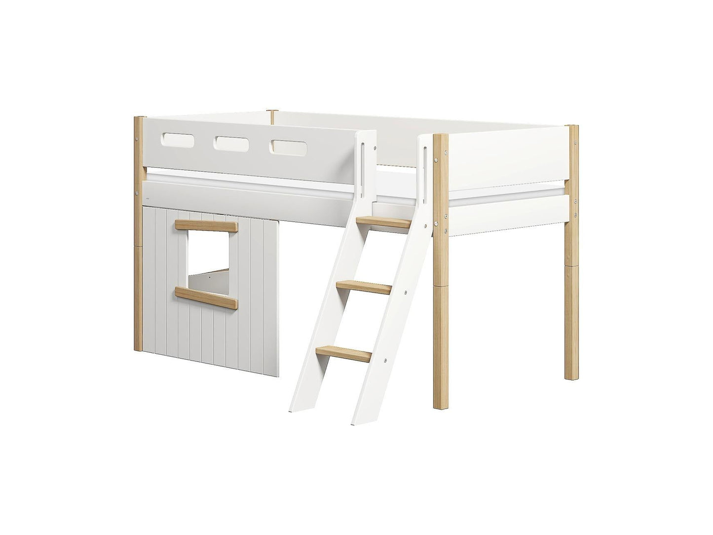 FLEXA Nor Mid-high bed, slanted ladder & Treehouse Bed Fronts, oak frame-Little Nordic