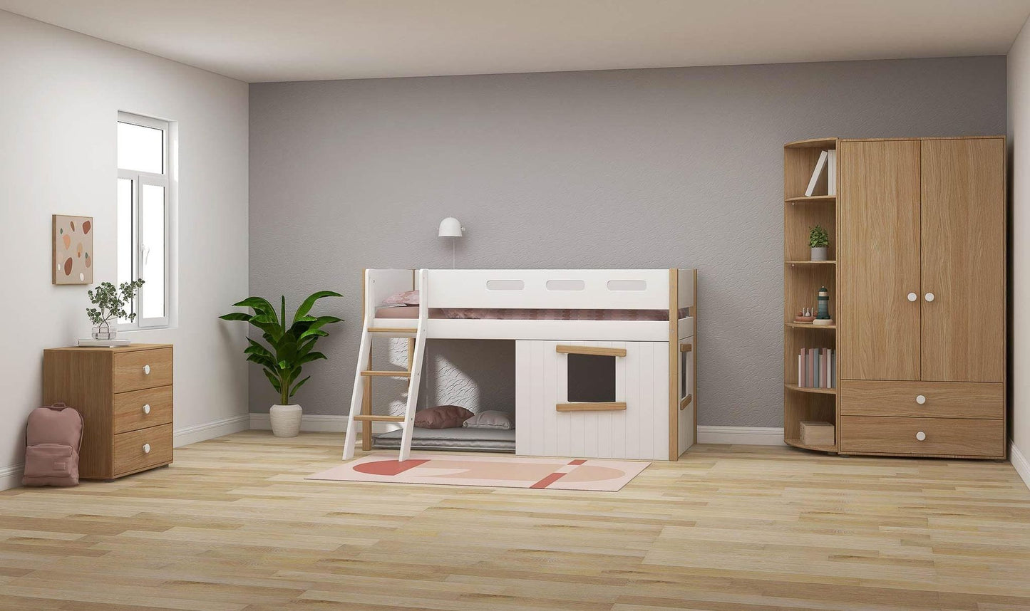 FLEXA Nor Mid-high bed, slanted ladder & Treehouse Bed Fronts, oak frame-Little Nordic
