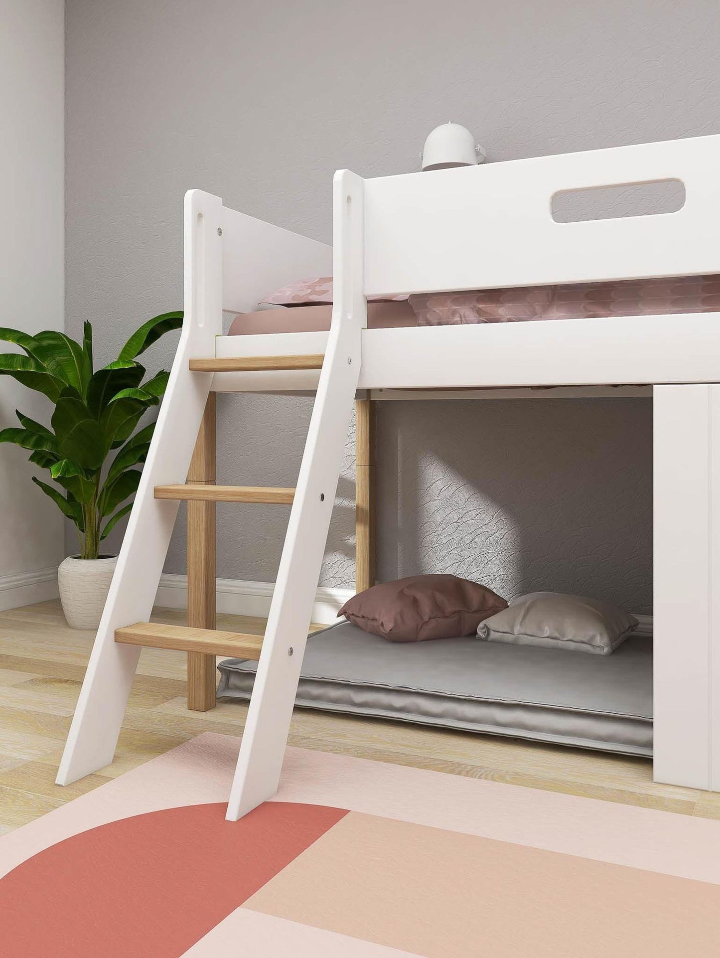 FLEXA Nor Mid-high bed, slanted ladder & Treehouse Bed Fronts, oak frame-Little Nordic