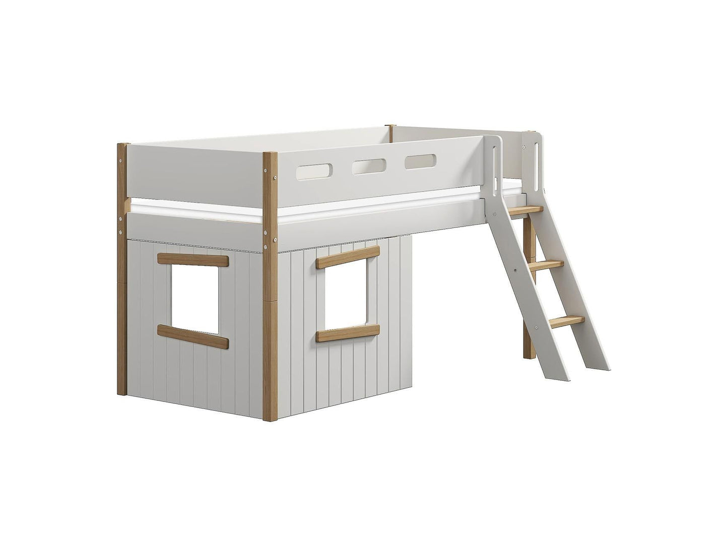 FLEXA Nor Mid-high bed, slanted ladder & Treehouse Bed Fronts, oak frame-Little Nordic