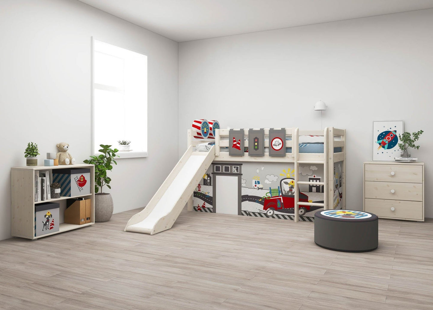 FLEXA Classic Mid-high bed with straight ladder and slide-Little Nordic