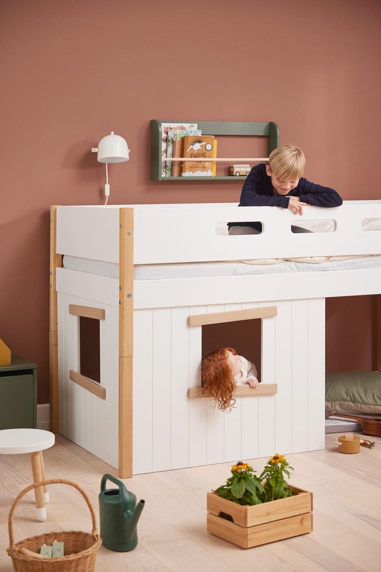 FLEXA Nor Mid-high bed, slanted ladder & Treehouse Bed Fronts, oak frame-Little Nordic