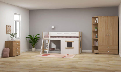 FLEXA Nor Mid-high bed, slanted ladder & Treehouse Bed Fronts, oak frame-Little Nordic