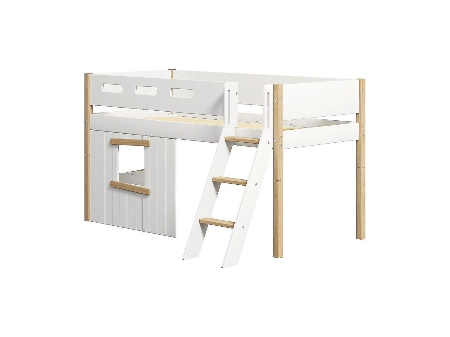FLEXA Nor Mid-high bed, slanted ladder & Treehouse Bed Fronts, oak frame-Little Nordic