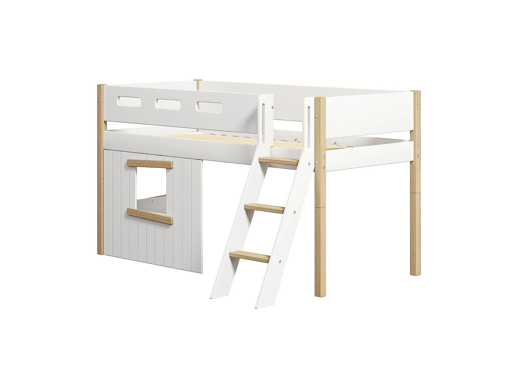 FLEXA Nor Mid-high bed, slanted ladder & Treehouse Bed Fronts, oak frame-Little Nordic