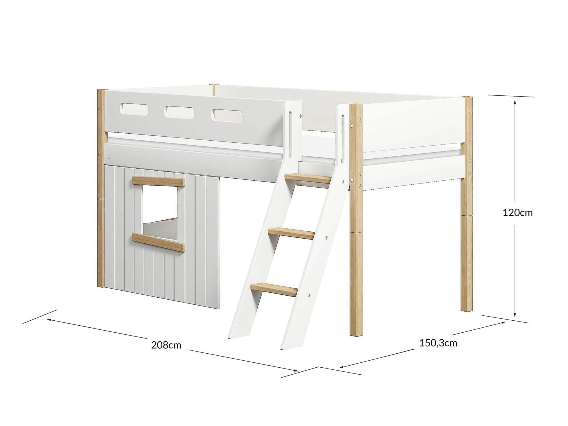 FLEXA Nor Mid-high bed, slanted ladder & Treehouse Bed Fronts, oak frame-Little Nordic