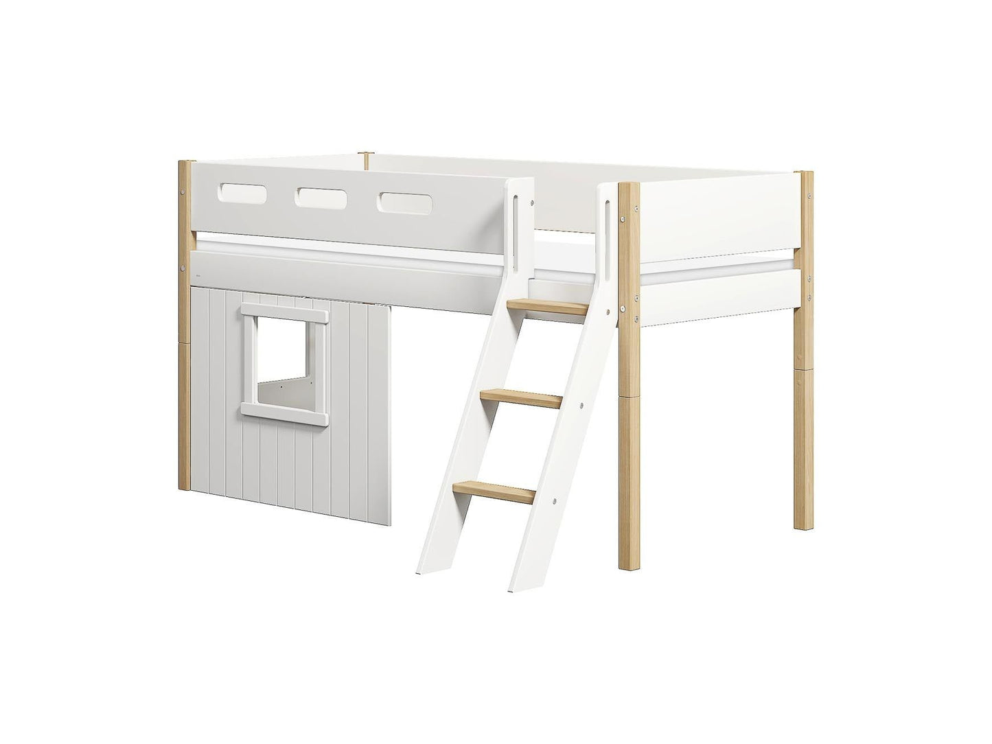 FLEXA Nor Mid-high bed, slanting ladder & Treehouse Bed Fronts, white frame-Little Nordic
