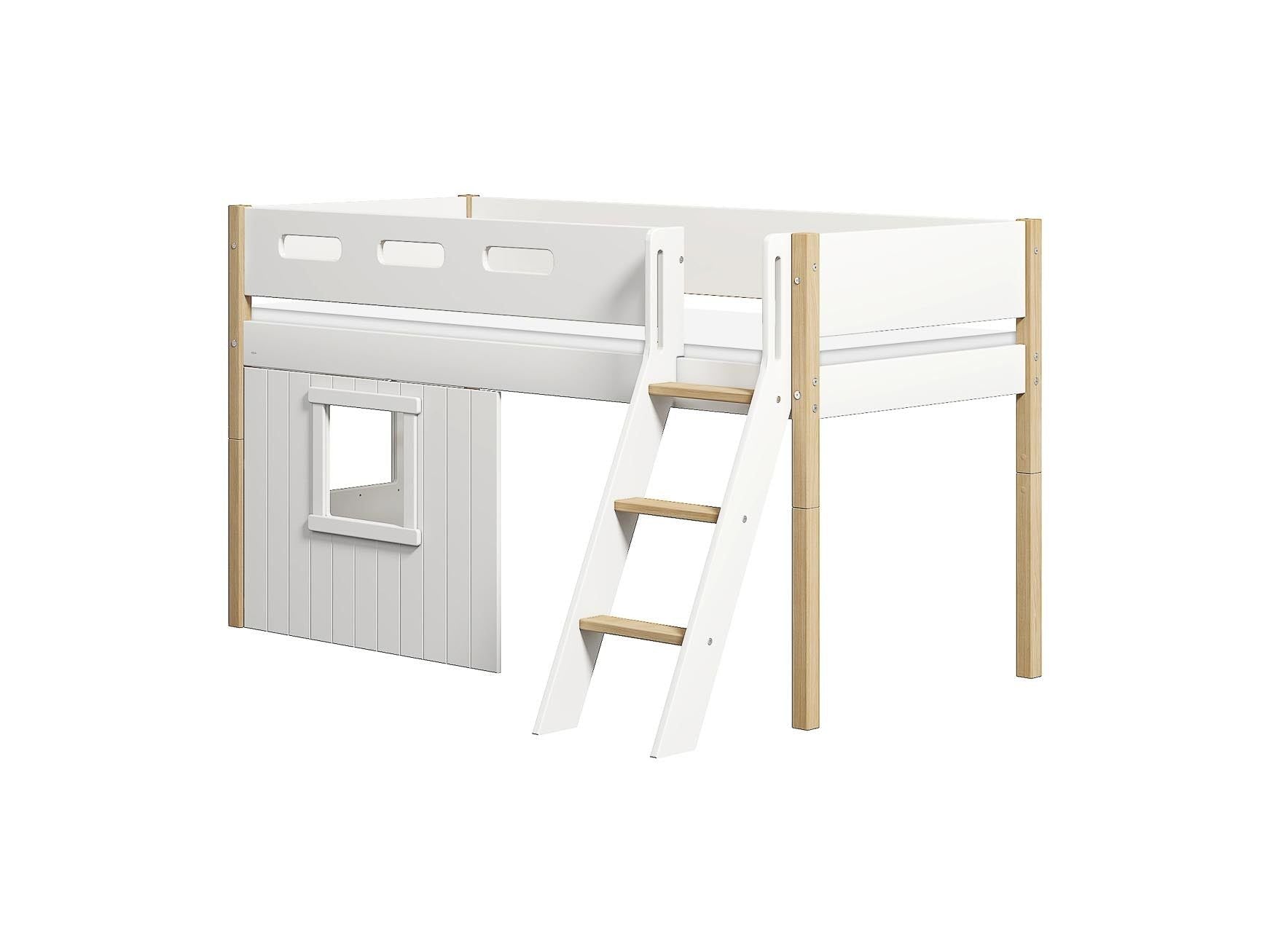 FLEXA Nor Mid-high bed, slanting ladder & Treehouse Bed Fronts, white frame-Little Nordic