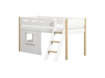 FLEXA Nor Mid-high bed, slanting ladder & Treehouse Bed Fronts, white frame-Little Nordic