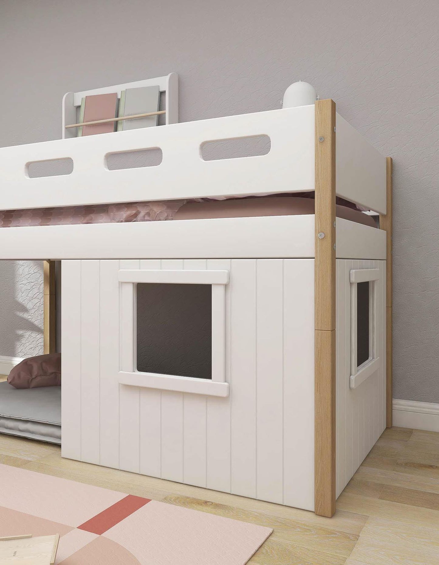 FLEXA Nor Mid-high bed, slanting ladder & Treehouse Bed Fronts, white frame-Little Nordic