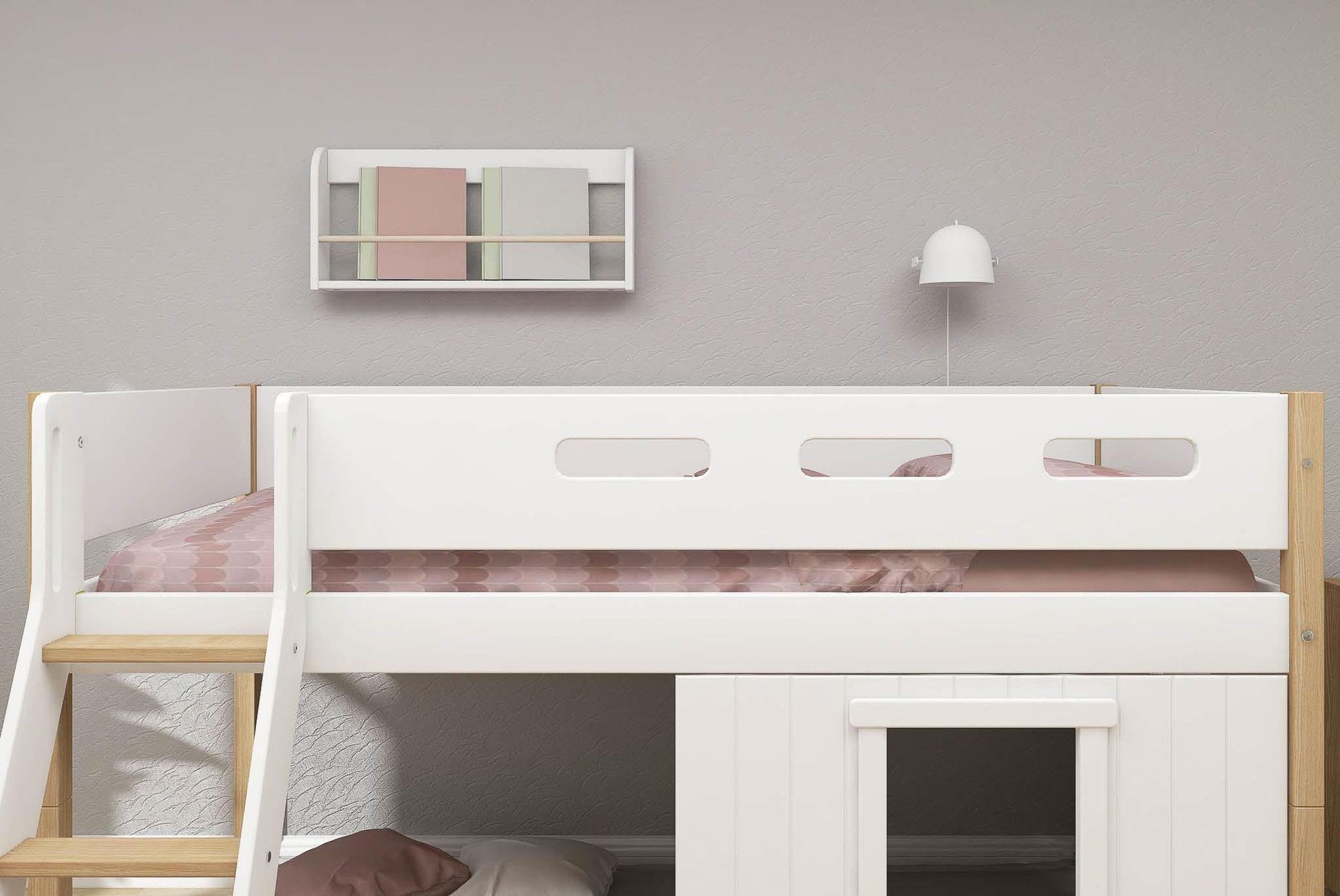 FLEXA Nor Mid-high bed, slanting ladder & Treehouse Bed Fronts, white frame-Little Nordic
