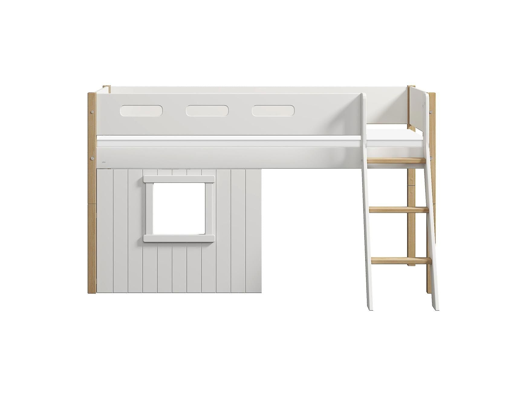 FLEXA Nor Mid-high bed, slanting ladder & Treehouse Bed Fronts, white frame-Little Nordic