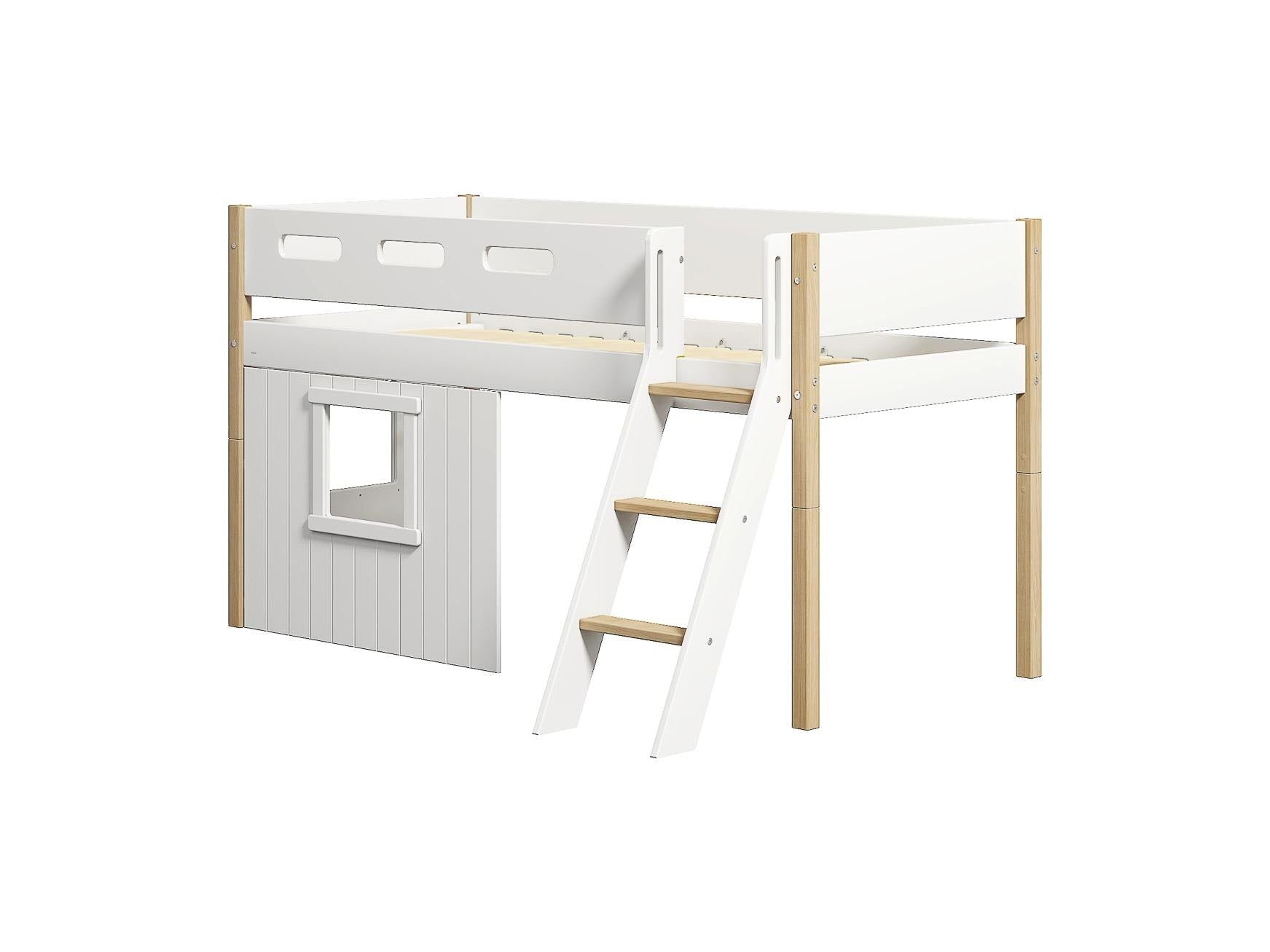 FLEXA Nor Mid-high bed, slanting ladder & Treehouse Bed Fronts, white frame-Little Nordic