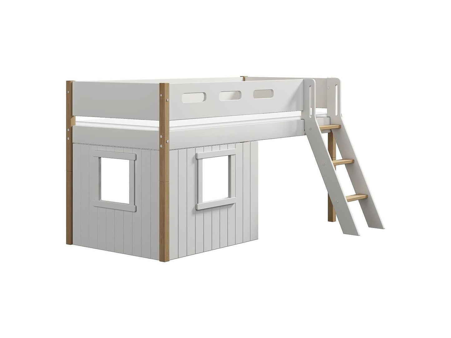 FLEXA Nor Mid-high bed, slanting ladder & Treehouse Bed Fronts, white frame-Little Nordic