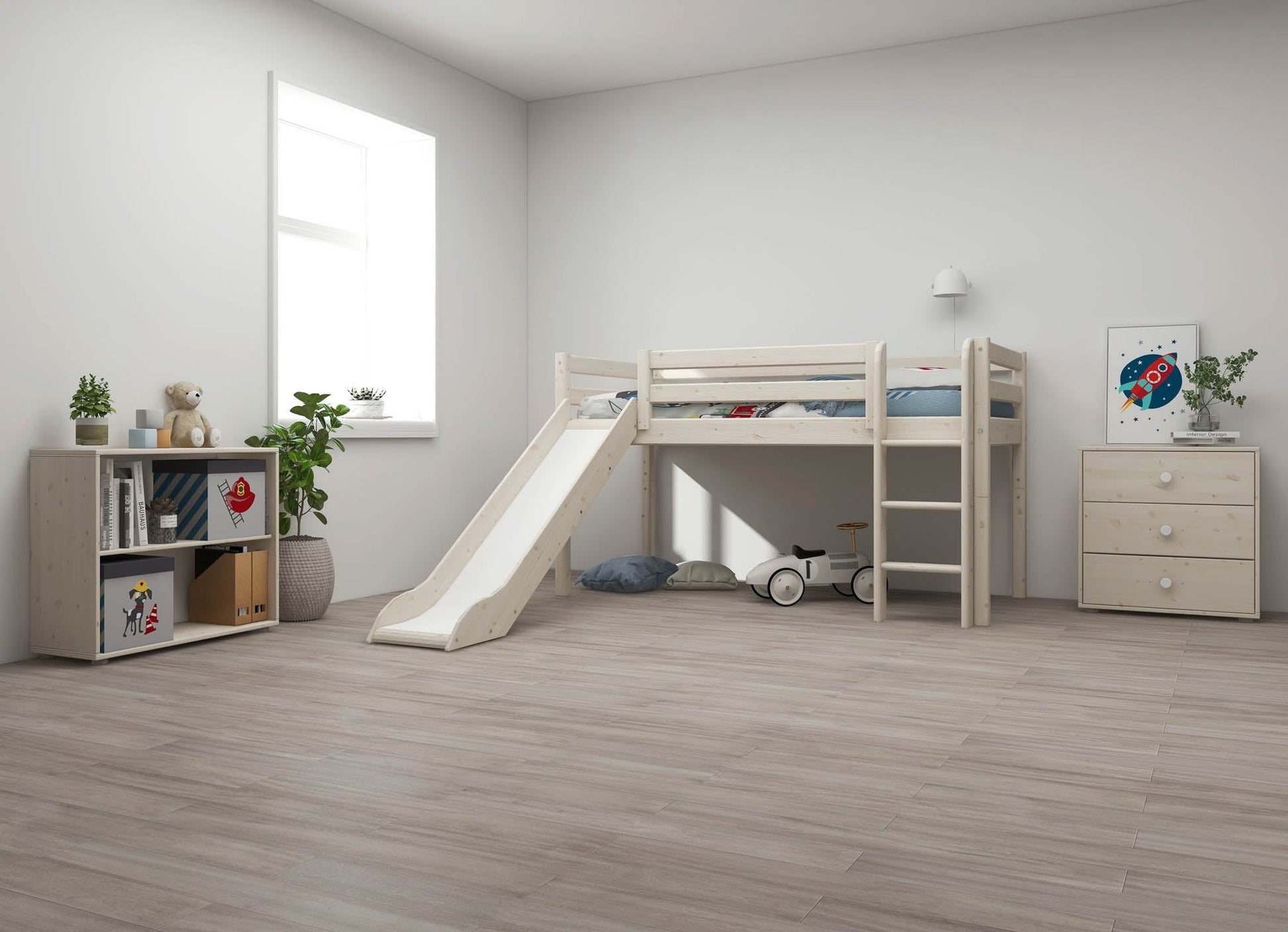 FLEXA Classic Mid-high bed with straight ladder and slide-Little Nordic